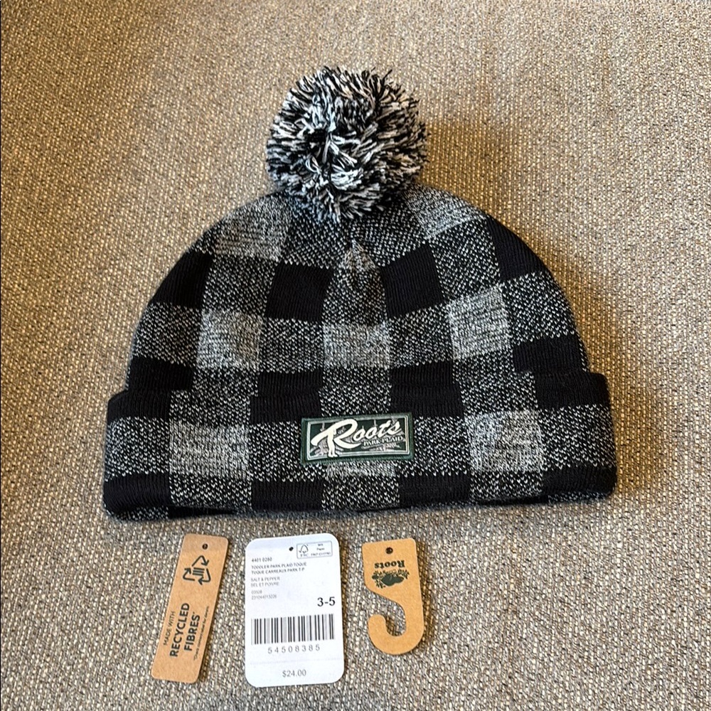Roots Kids Black and Gray Checkered Beanie 3-5Y